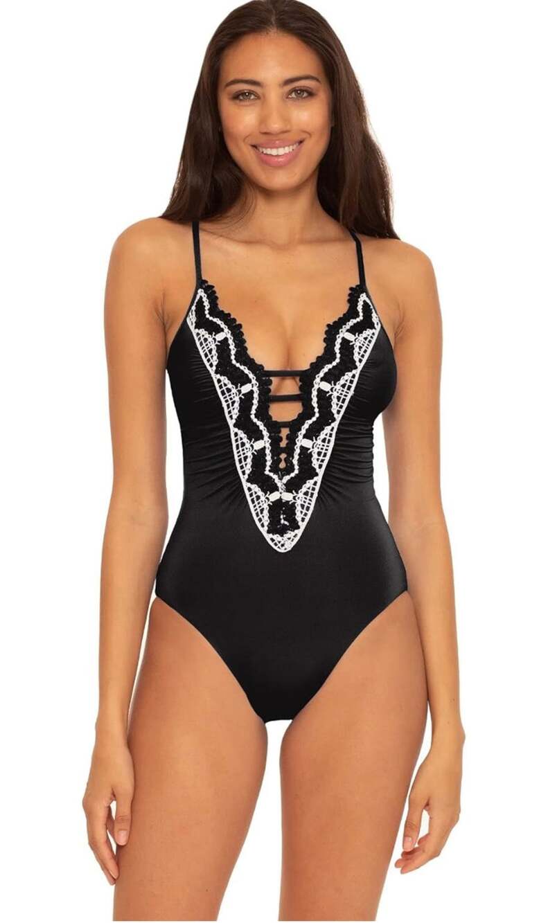 Becca Delilah Clare Plunge One-Piece Swimsuit Black Embroidered Size Large